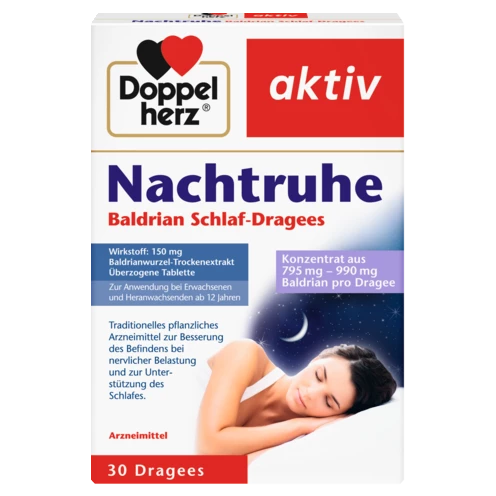 Abbildung der Produktverpackung Doppelherz aktiv Nachtruhe Baldrian Schlaf-Dragees Frontansicht